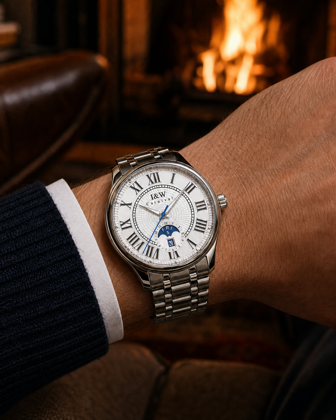 Carnival white Roman-numeral automatic watch on wrist beside a fireplace