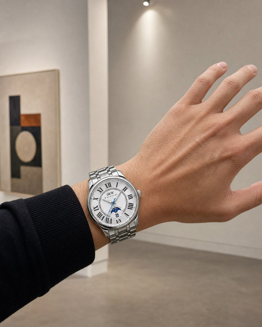 Carnival white Roman-numeral automatic watch on wrist in an art gallery