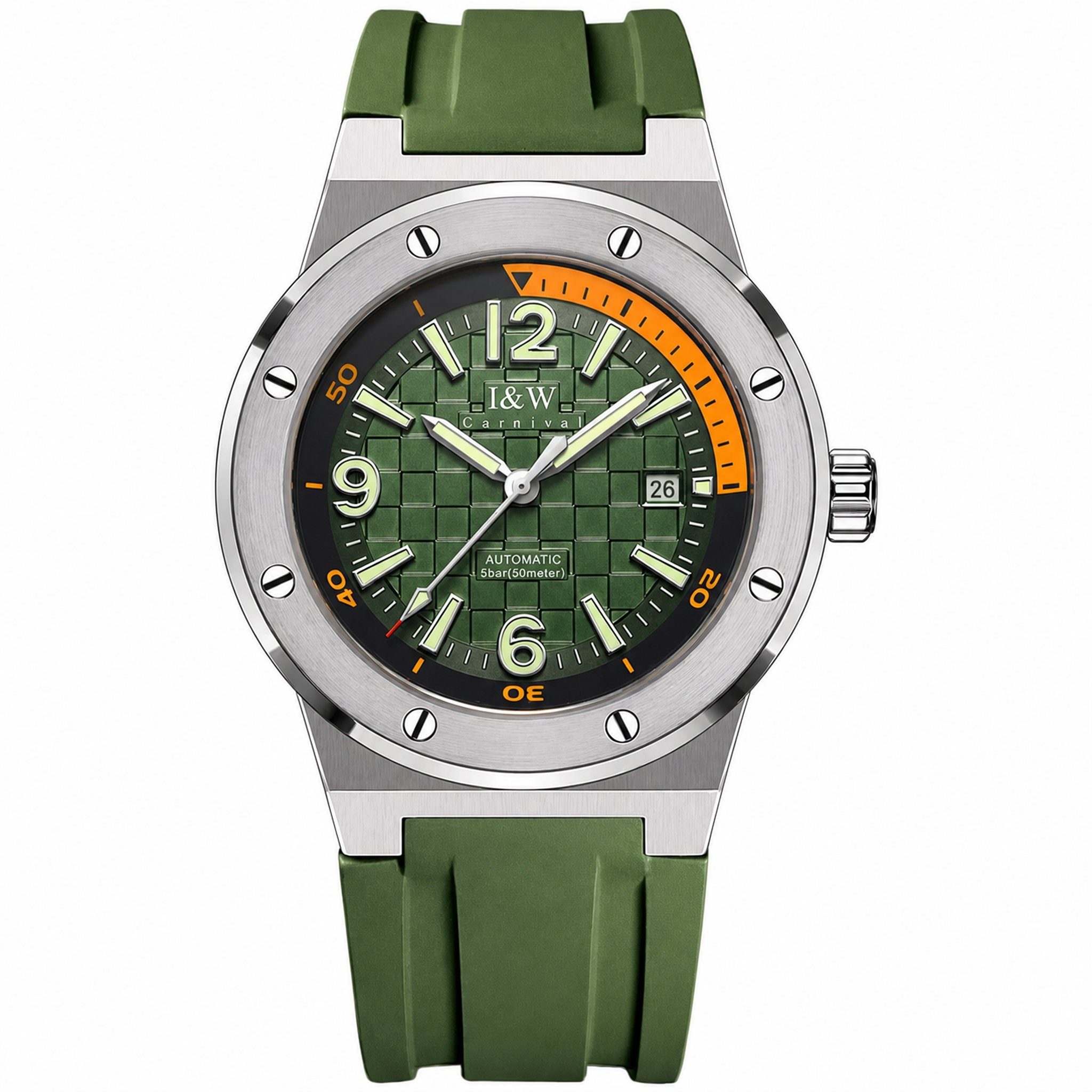 Carnival I&W IW.618G automatic watch, green textured dial, orange accent bezel ring, green silicone strap, high-resolution front view