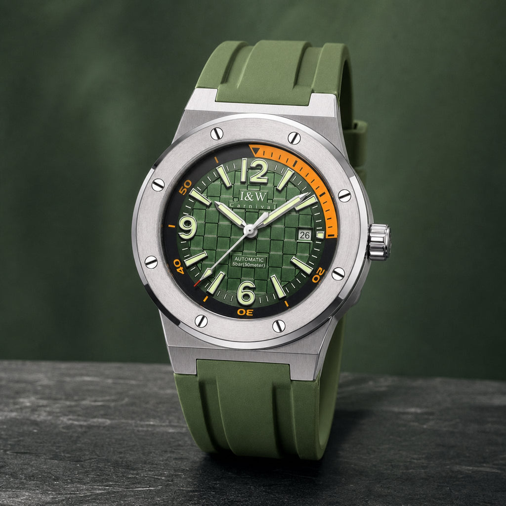 Carnival I&W IW.618G green-dial automatic watch with green silicone strap on dark stone
