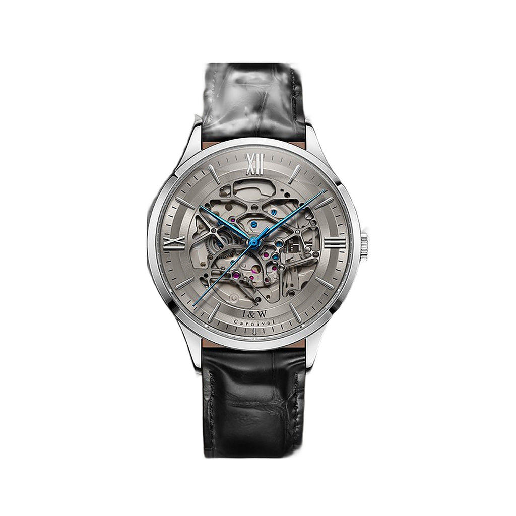 Carnival I&W IW.652G skeleton automatic watch, gray dial, blue hands, black leather strap, front view on white