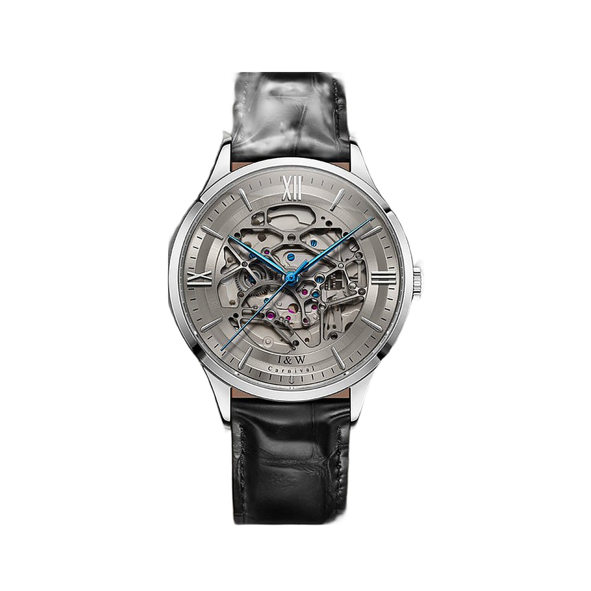 Carnival I&W IW.652G skeleton automatic watch, gray dial, blue hands, black leather strap, front view on white