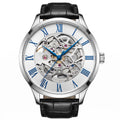 Carnival I&W IW.652G skeleton automatic watch, fully open dial, blue Roman numerals, blue hands, black leather strap, front view on white