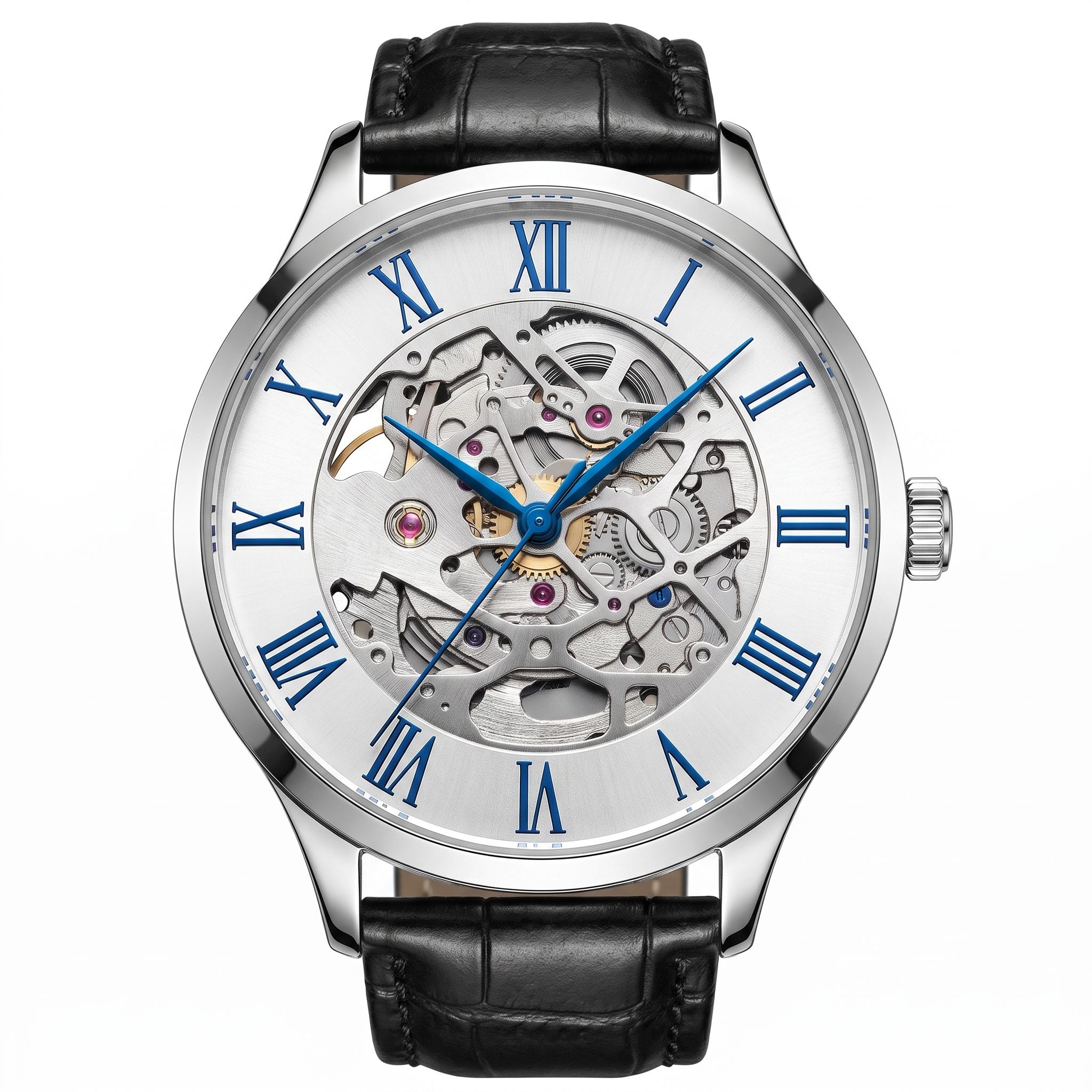 Carnival I&W IW.652G skeleton automatic watch, fully open dial, blue Roman numerals, blue hands, black leather strap, front view on white