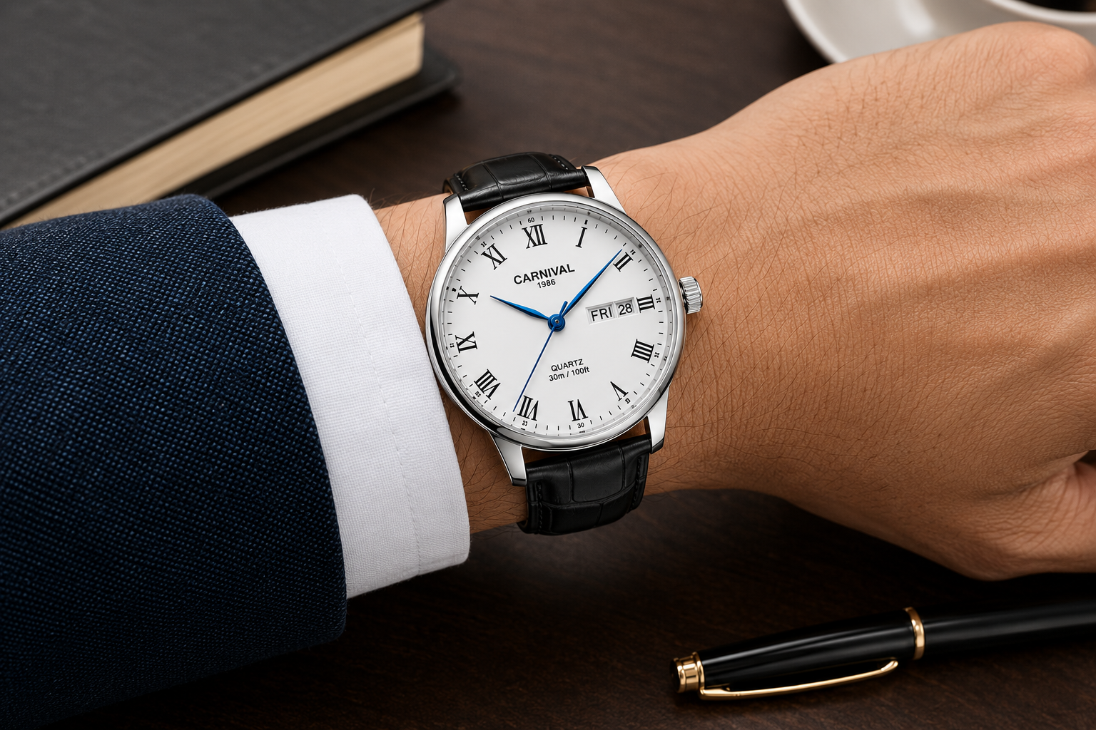 Carnival IW696G white Roman numeral quartz watch with blue hands on black leather strap, worn with navy suit cuff in high-resolution lifestyle image