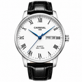 Carnival IW696G white Roman numeral quartz watch with blue hands, FRI 28 day-date, QUARTZ 30m / 100ft dial text, and black leather strap