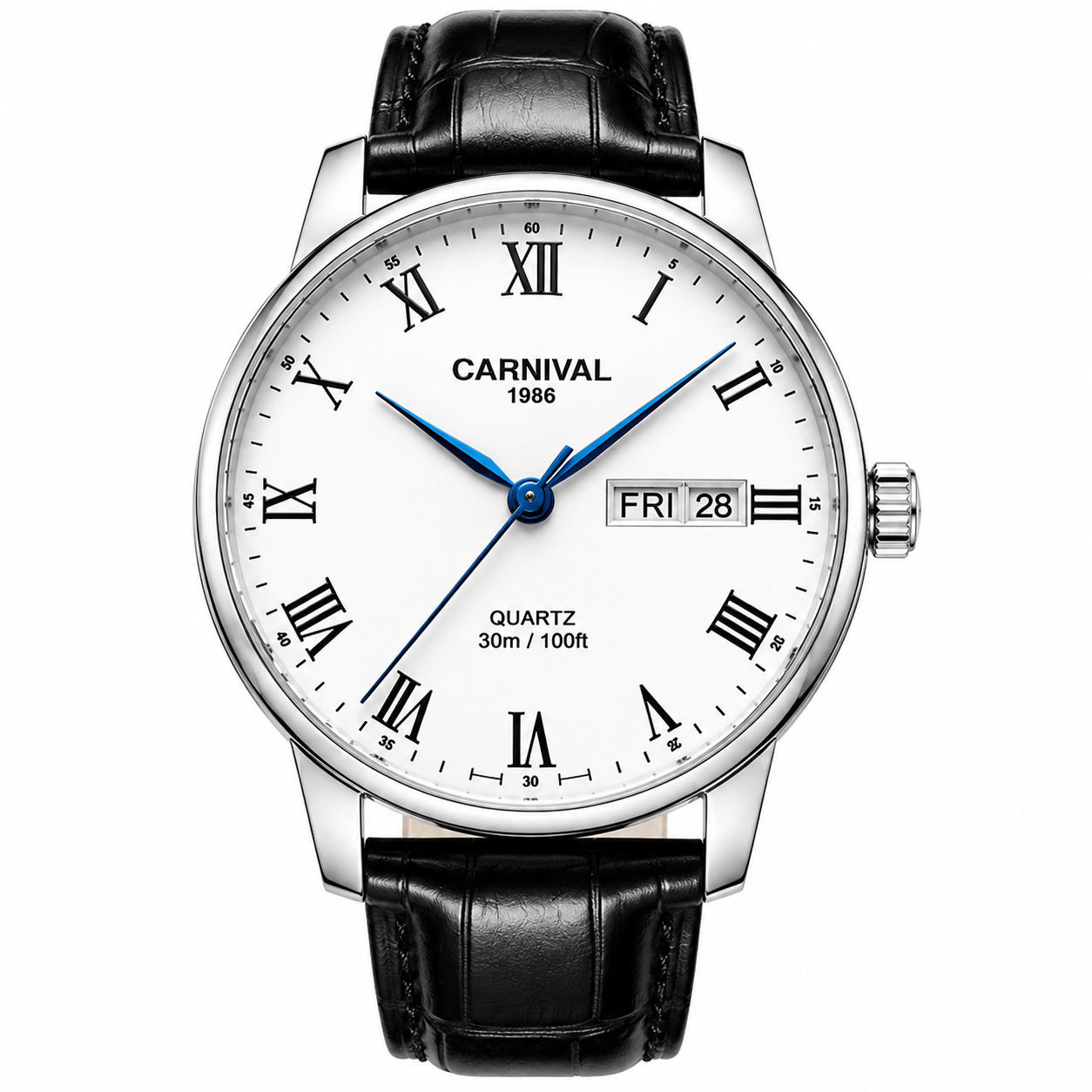 Carnival IW696G white Roman numeral quartz watch with blue hands, FRI 28 day-date, QUARTZ 30m / 100ft dial text, and black leather strap