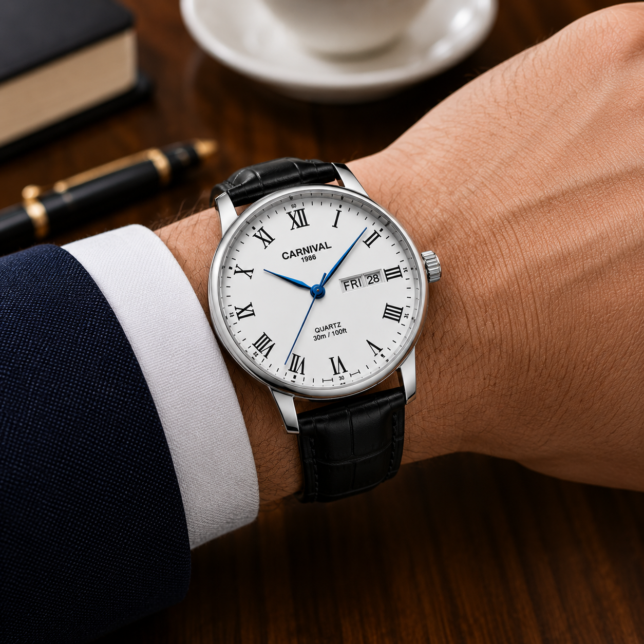 Carnival IW696G white Roman numeral quartz watch with blue hands on black leather strap, worn on wrist in high-resolution lifestyle image