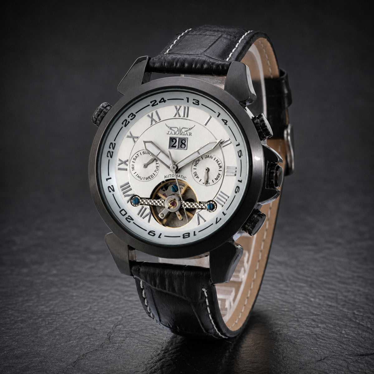 JARAGAR Automatic Open-Heart Watch Color 1, white dial and gunmetal case in dark studio
