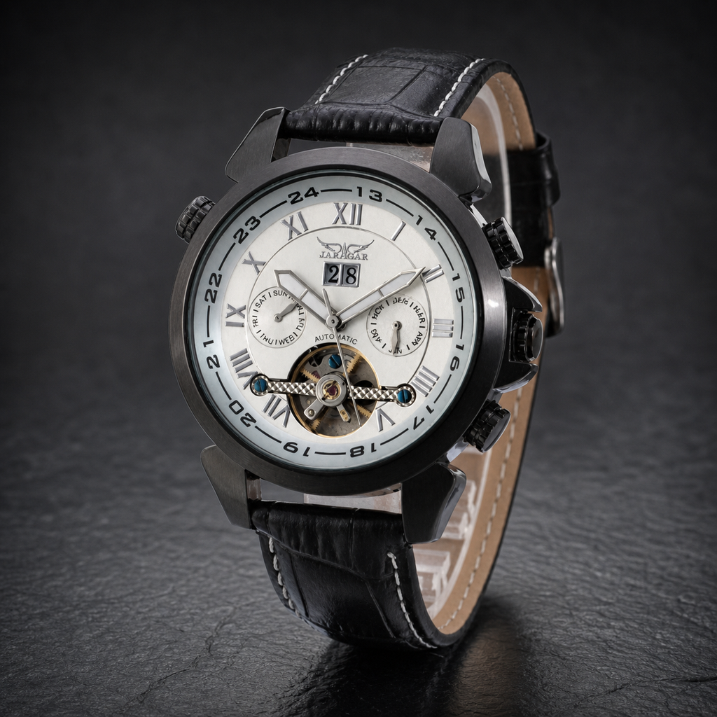 JARAGAR Automatic Open-Heart Watch Color 1, white dial and gunmetal case in dark studio