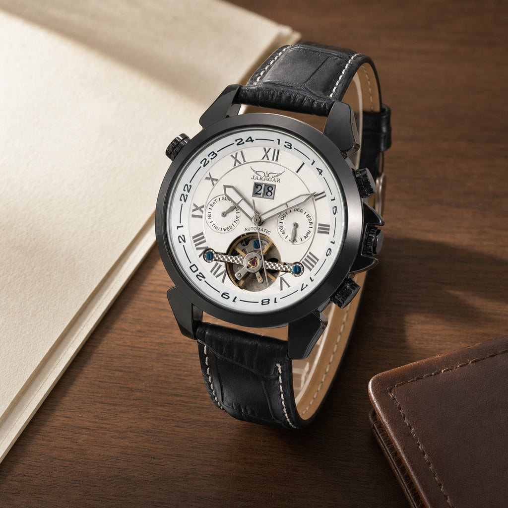 JARAGAR Automatic Open-Heart Watch Color 1 on a walnut desk