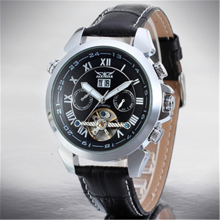 JARAGAR automatic open-heart watch, black dial and silver case
