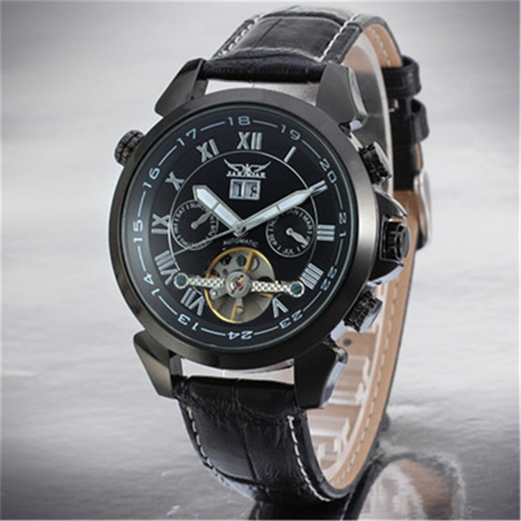 JARAGAR automatic open-heart watch, black dial and gunmetal case