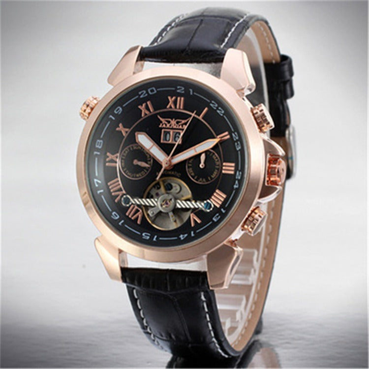 JARAGAR automatic open-heart watch, black dial and rose gold case