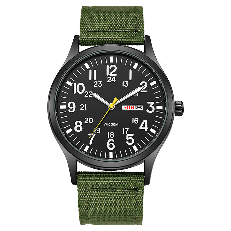 Black dial watch with olive two-piece strap