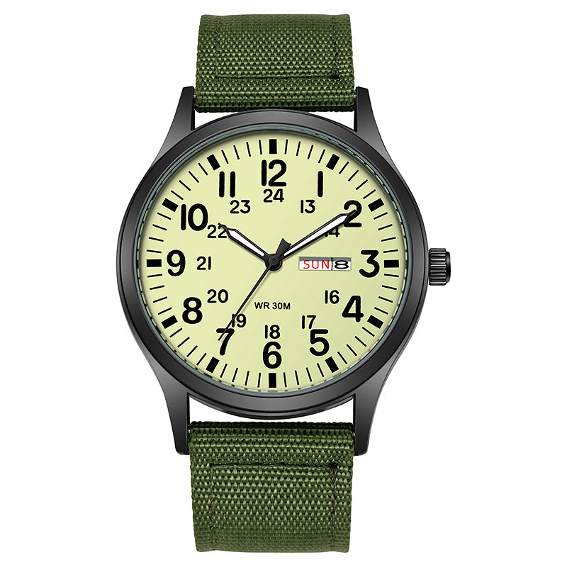 Full-lume dial watch with olive two-piece strap