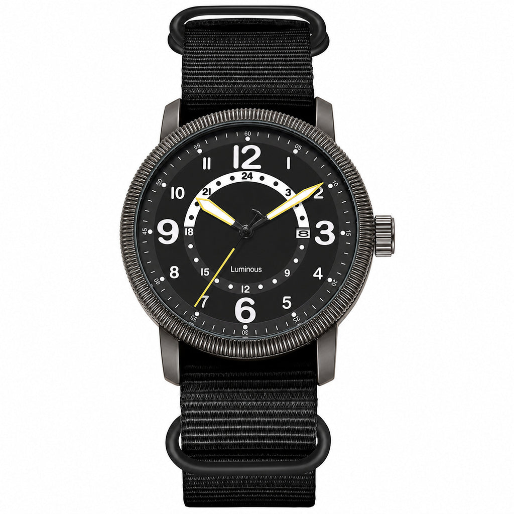 KASTAR Arabic-numeral field watch with 24-hour black dial and black nylon strap