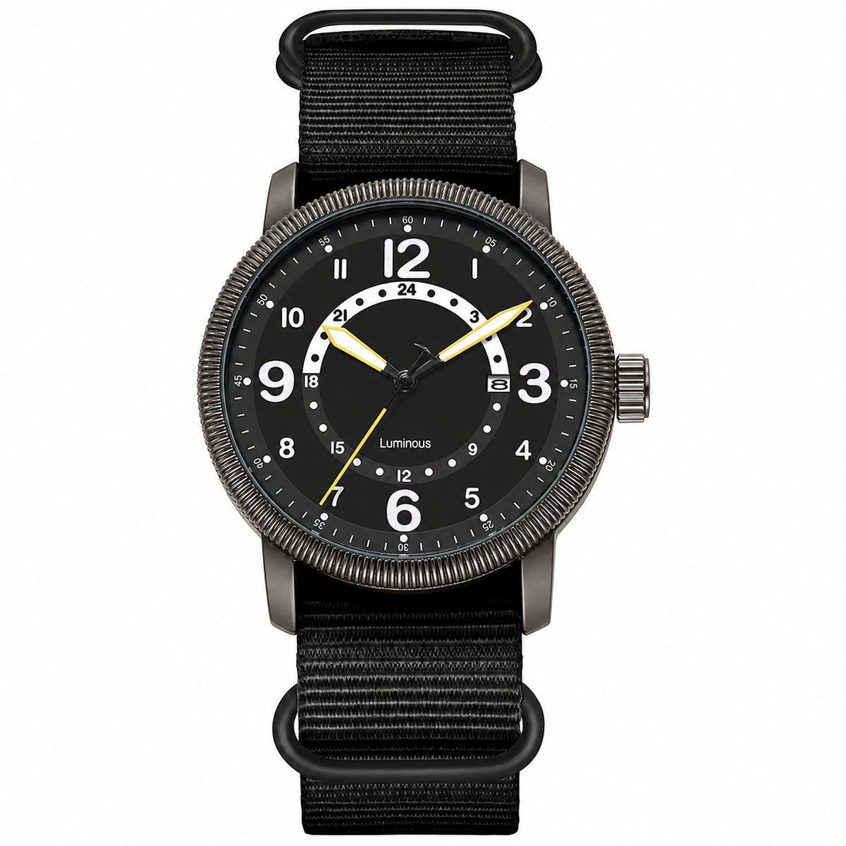 KASTAR Arabic-numeral field watch with 24-hour black dial and black nylon strap