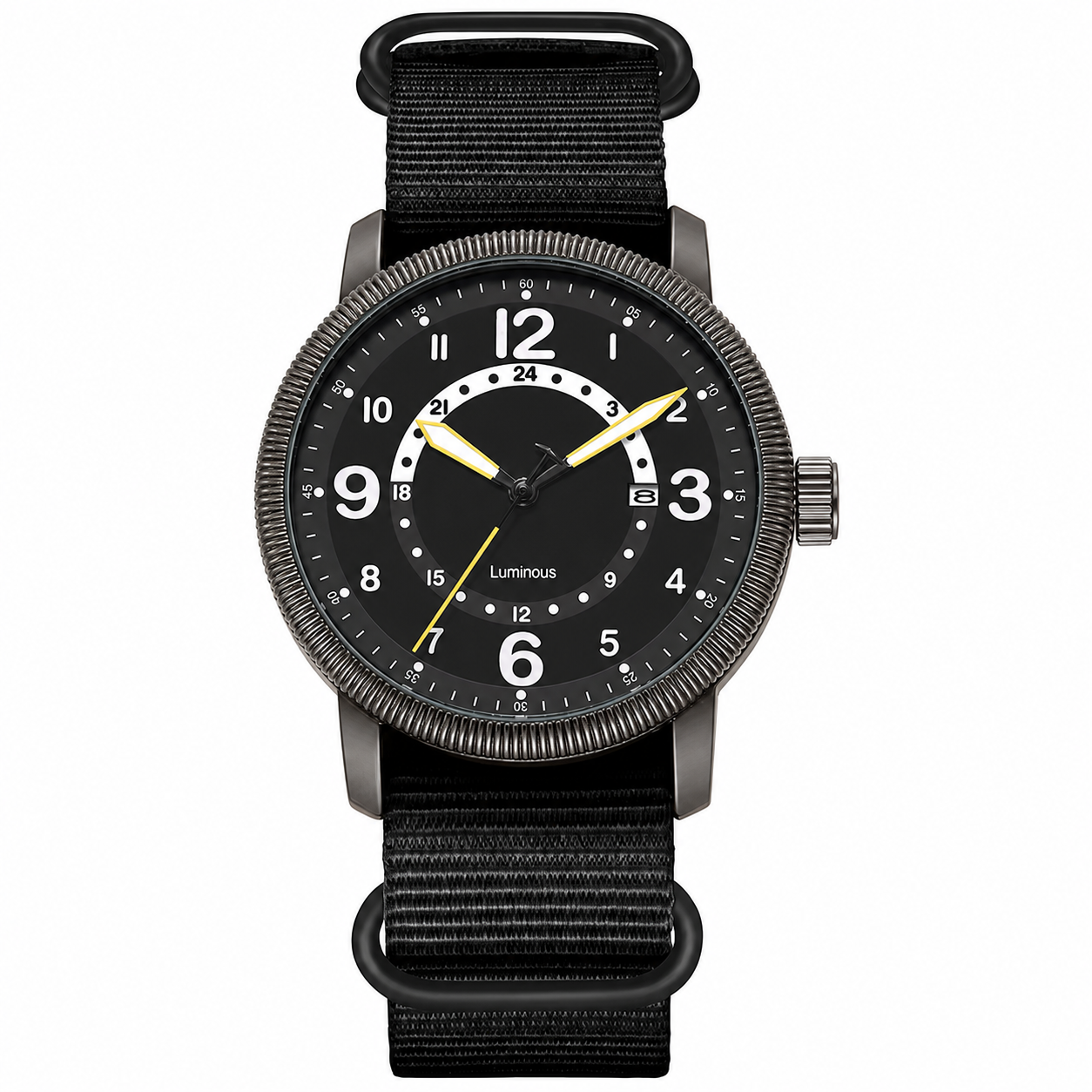 KASTAR Arabic-numeral field watch with 24-hour black dial and black nylon strap