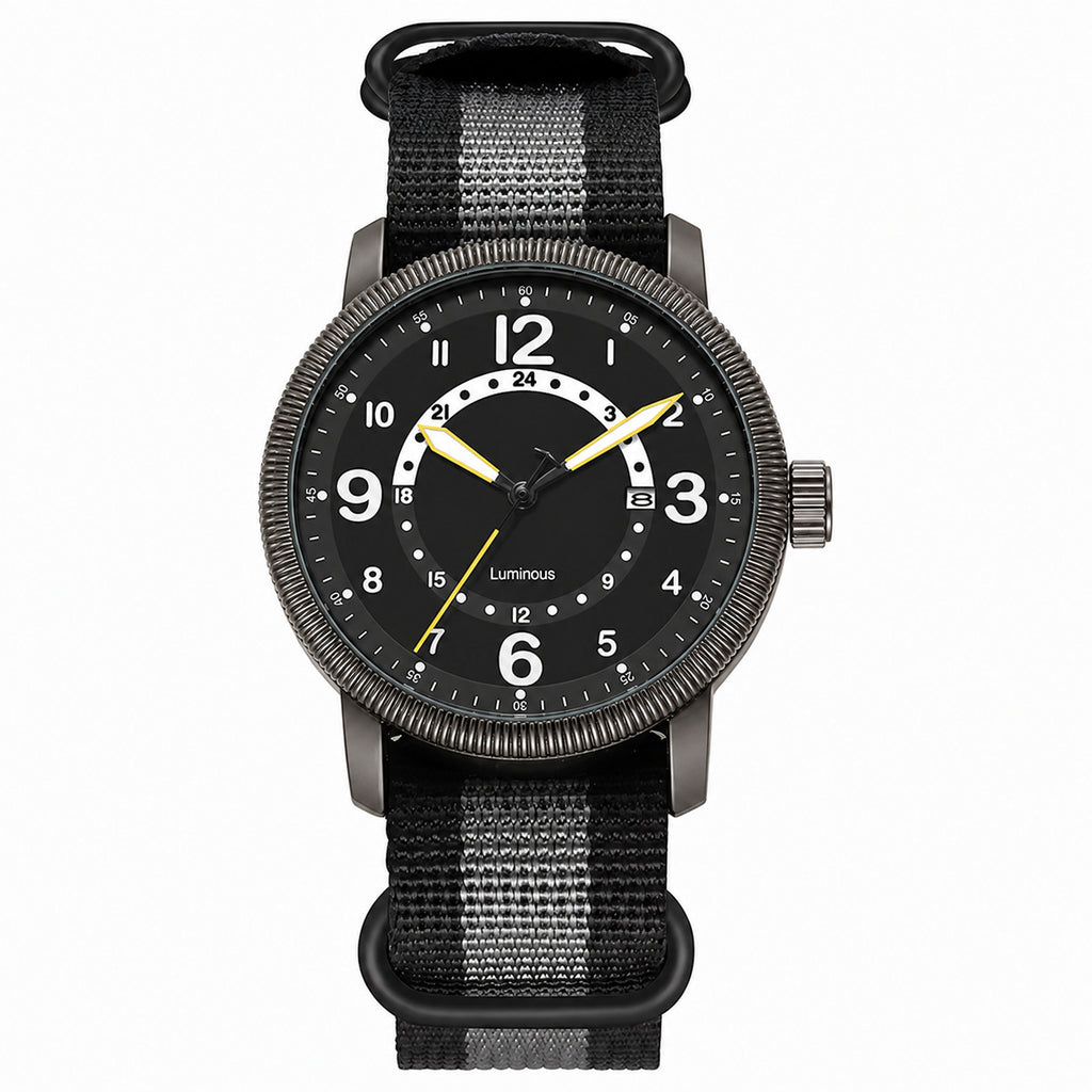 KASTAR Arabic-numeral field watch with 24-hour black dial and gray striped nylon strap