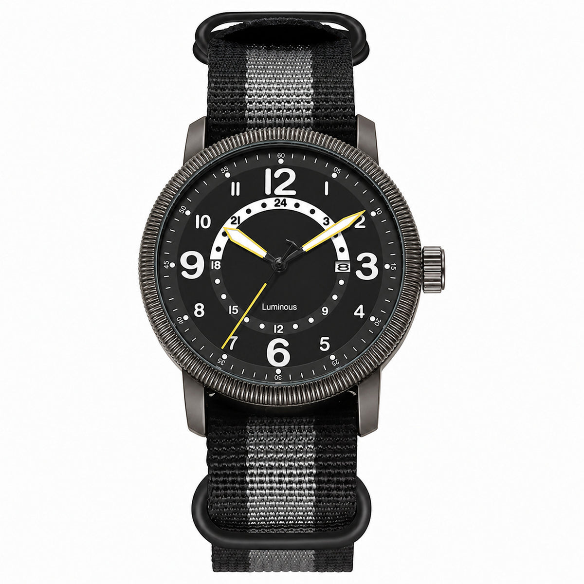 KASTAR Arabic-numeral field watch with 24-hour black dial and gray striped nylon strap