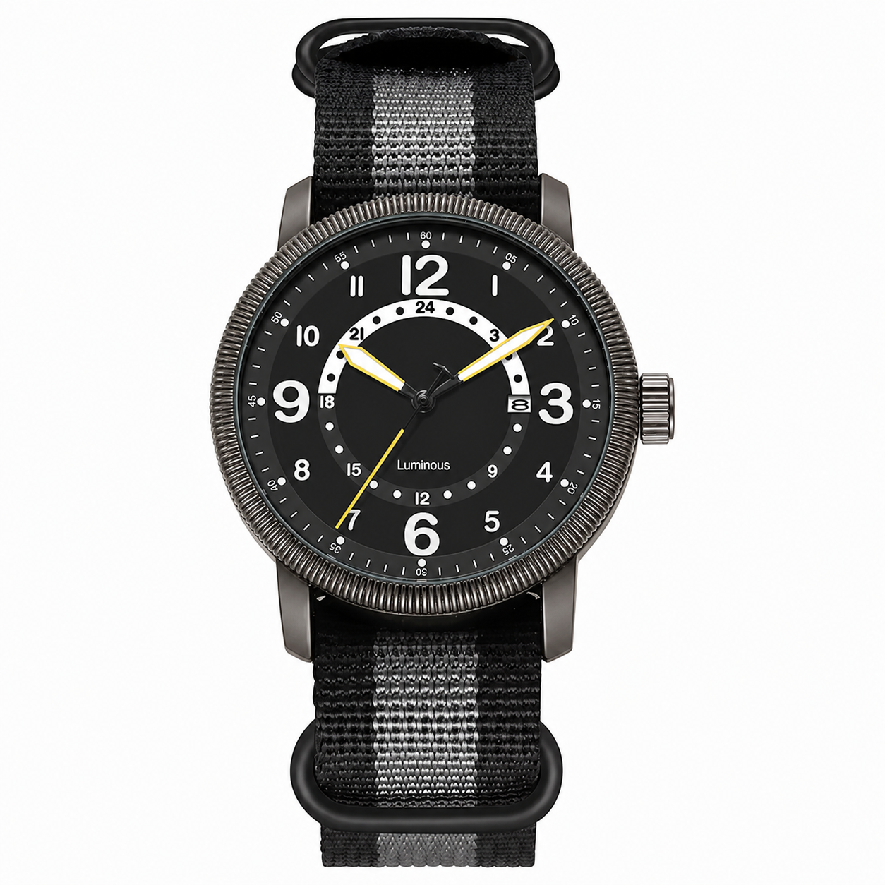 KASTAR Arabic-numeral field watch with 24-hour black dial and gray striped nylon strap