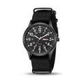 Kastar black day-date field quartz watch with black nylon strap on white background