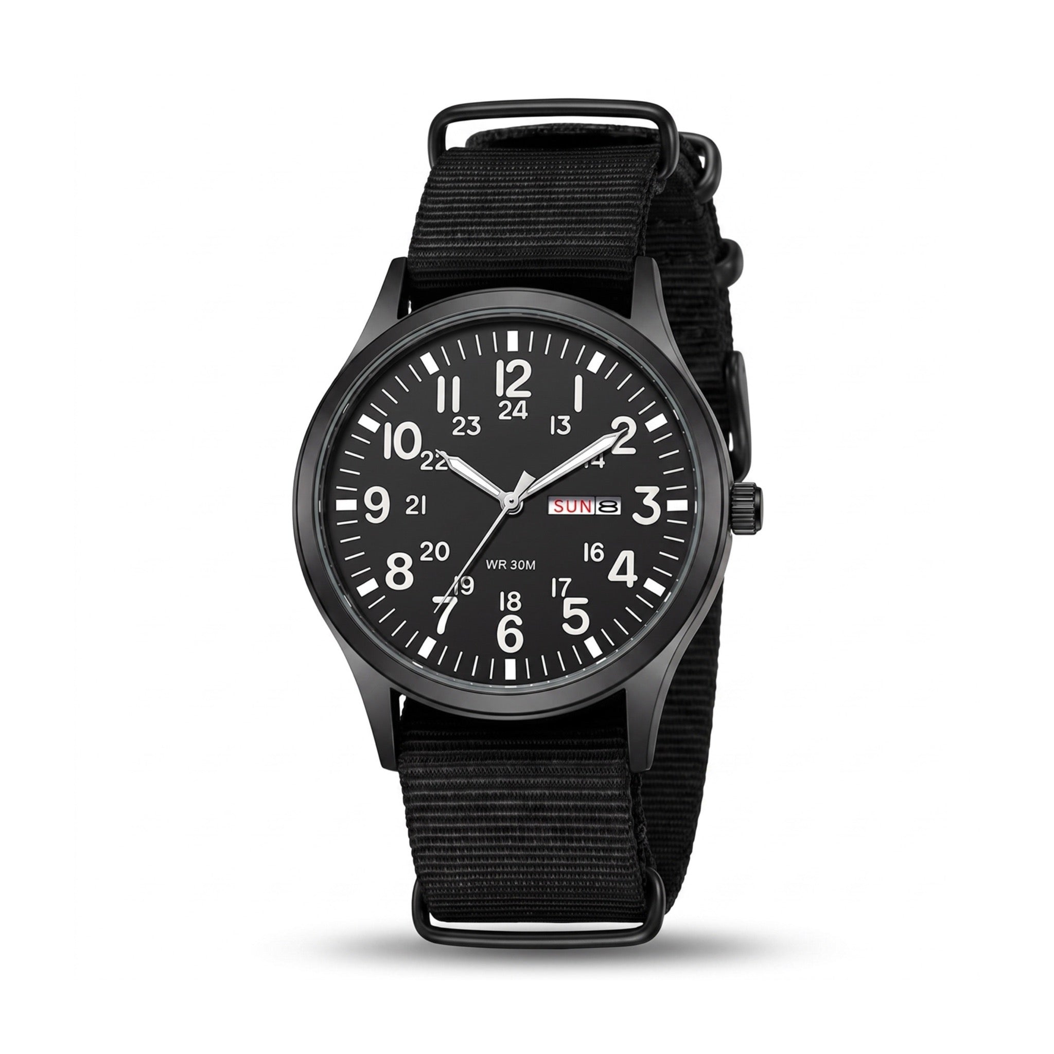 Kastar black day-date field quartz watch with black nylon strap on white background