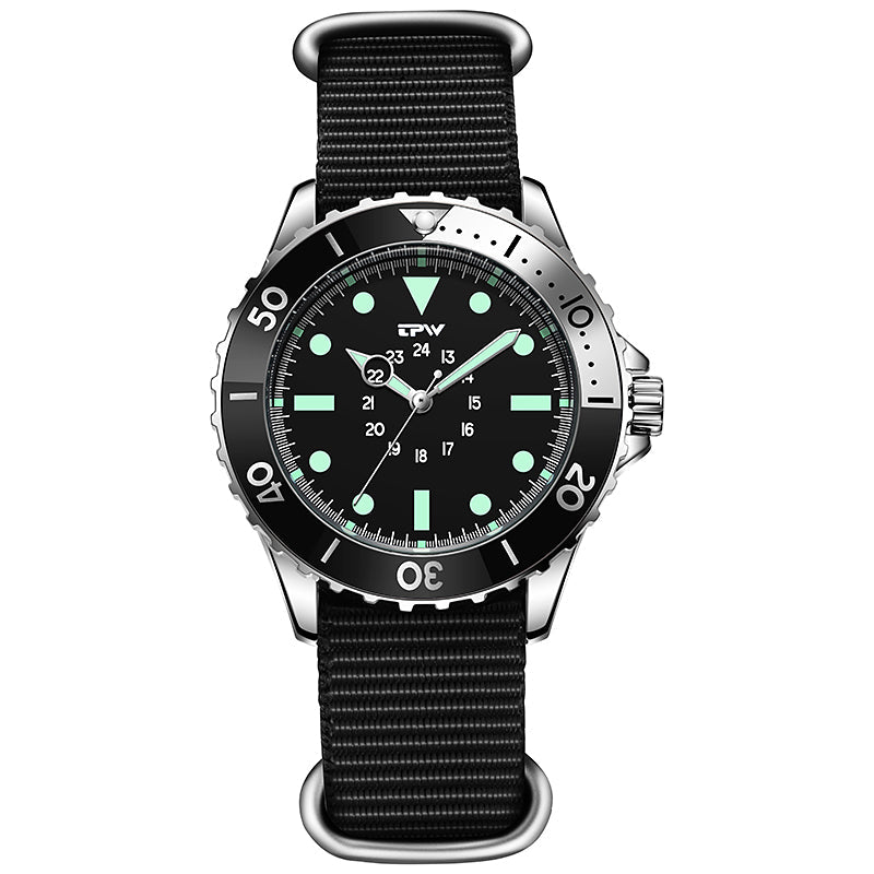TPW diver-style quartz watch with black dial and black nylon strap