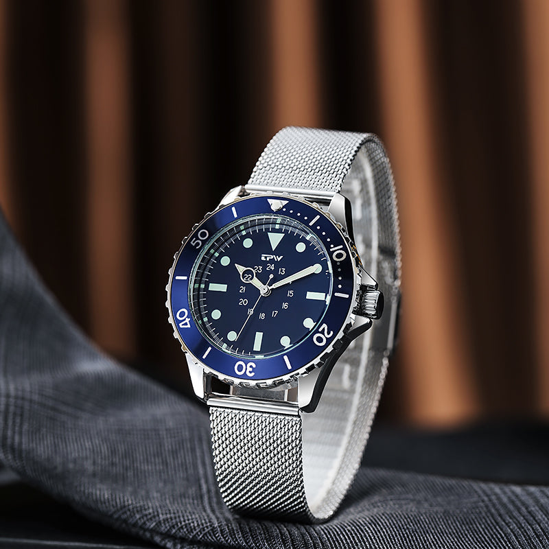 TPW diver-style quartz watch with blue dial and silver mesh bracelet
