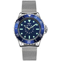 AWC field watch with blue dial and silver steel mesh bracelet