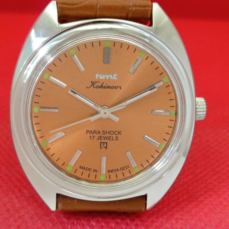 Vintage HMT Kohinoor orange dial front detail