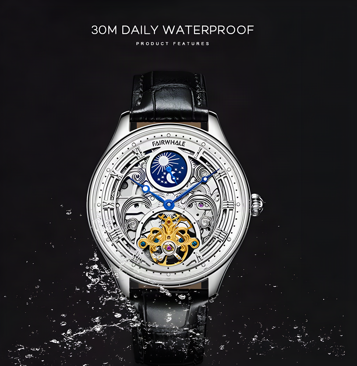 Mark Fairwhale moonphase open heart automatic watch side profile