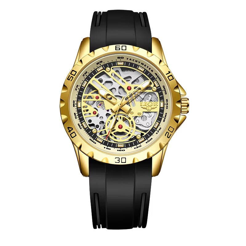 LIGE skeleton automatic watch in gold-tone finish with black strap