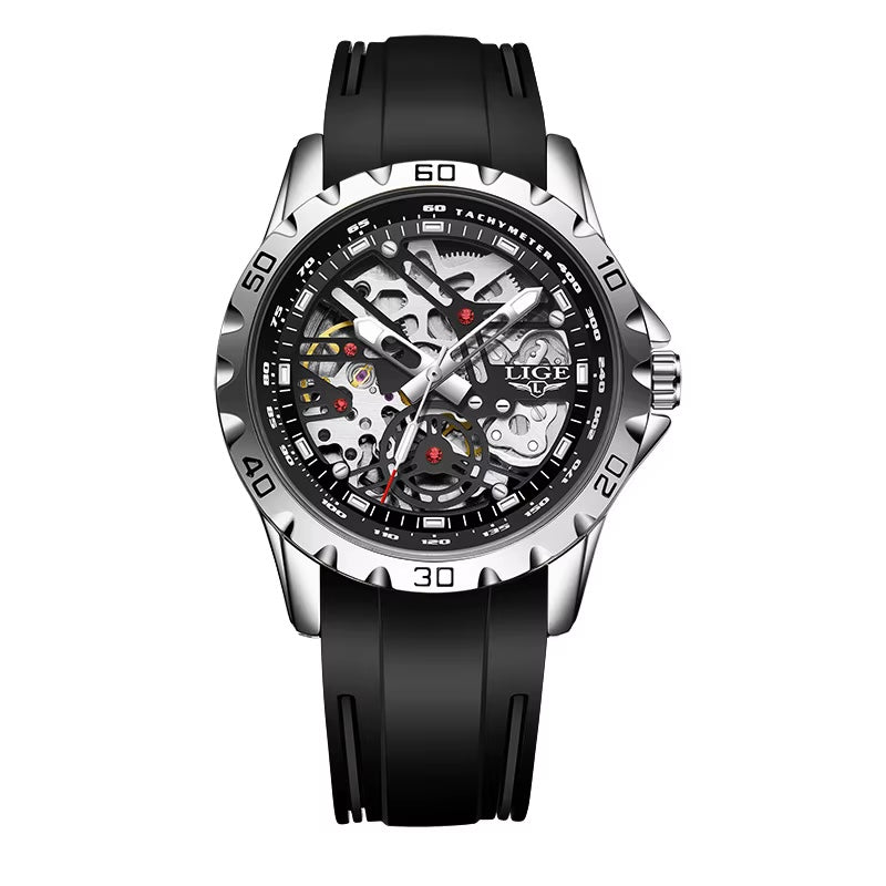 LIGE skeleton automatic watch in silver-tone finish with black strap