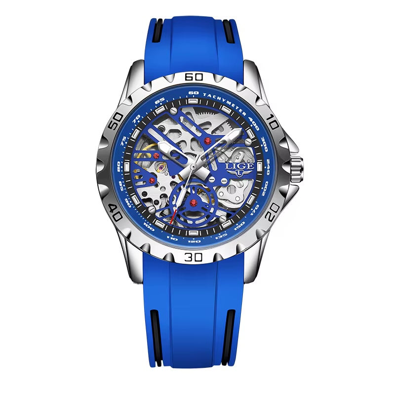LIGE skeleton automatic watch in silver-tone finish with blue strap