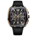 LIGE gold-tone quartz sport watch with black dial and black silicone strap