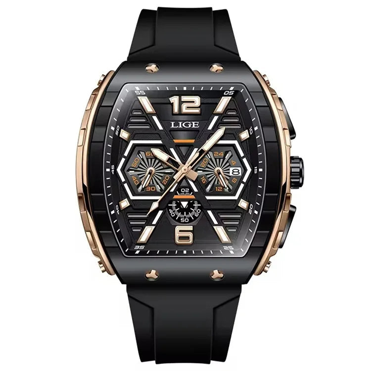 LIGE gold-tone quartz sport watch with black dial and black silicone strap