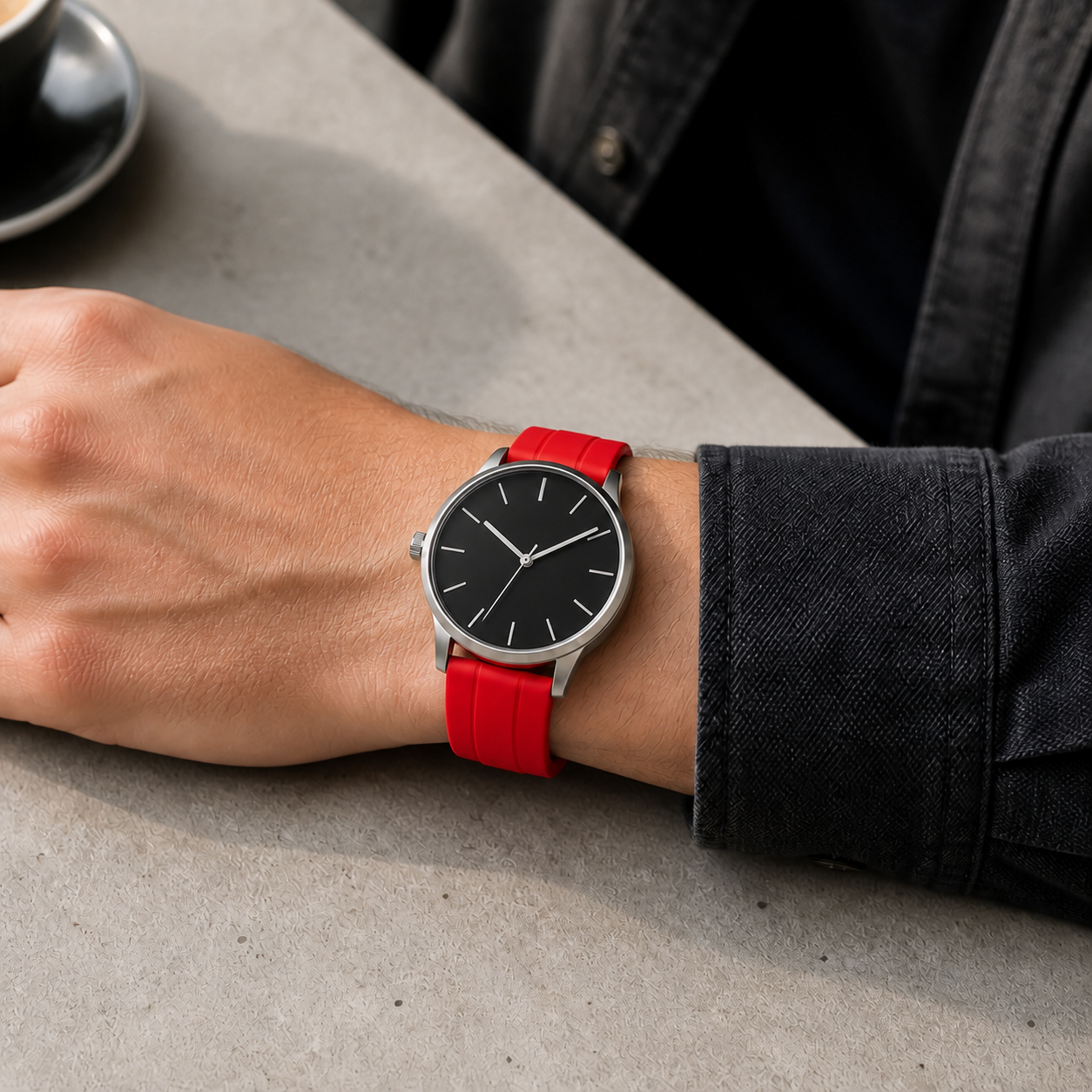 Red magnetic silicone strap installed on a standard analog watch, top wrist view