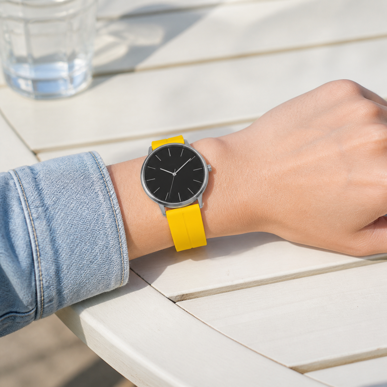 Yellow magnetic silicone strap installed on a watch, top wrist view