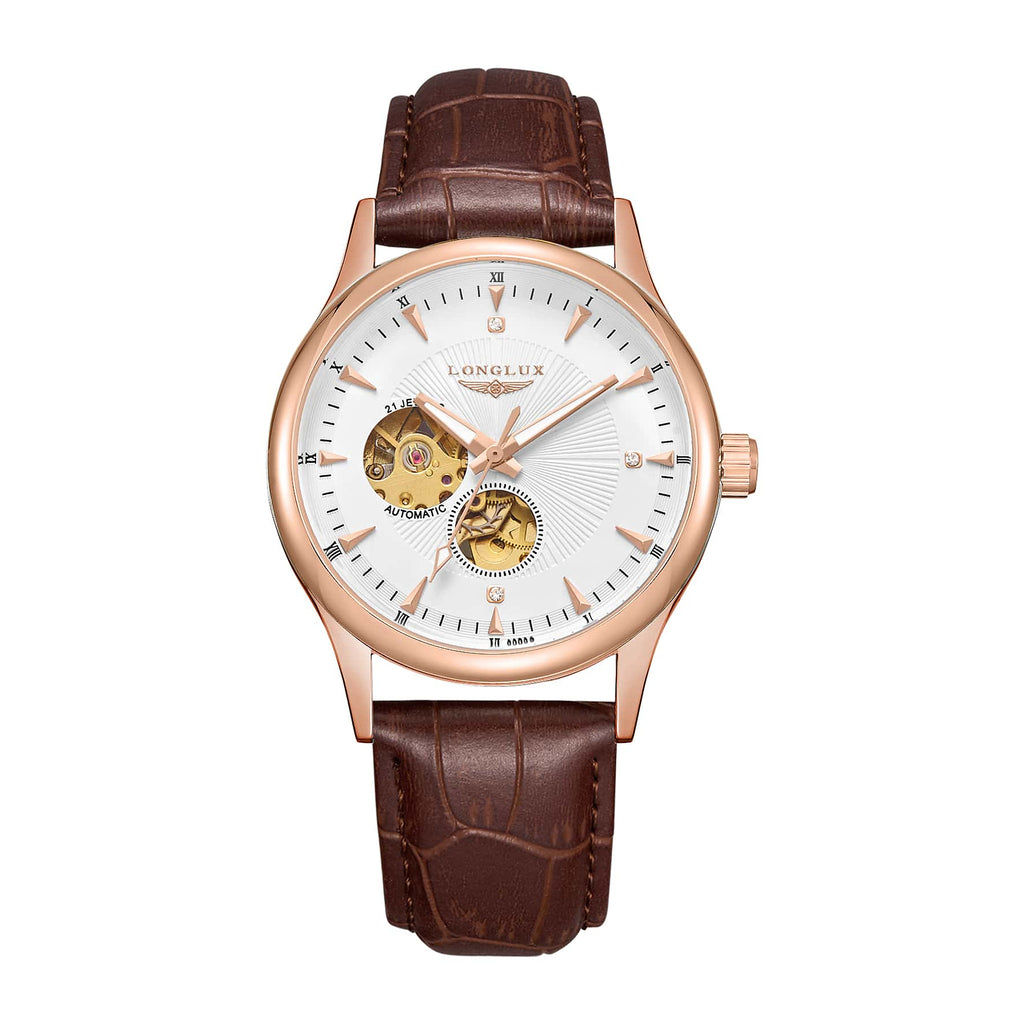 LONGLUX white dial rose gold automatic watch with brown leather strap