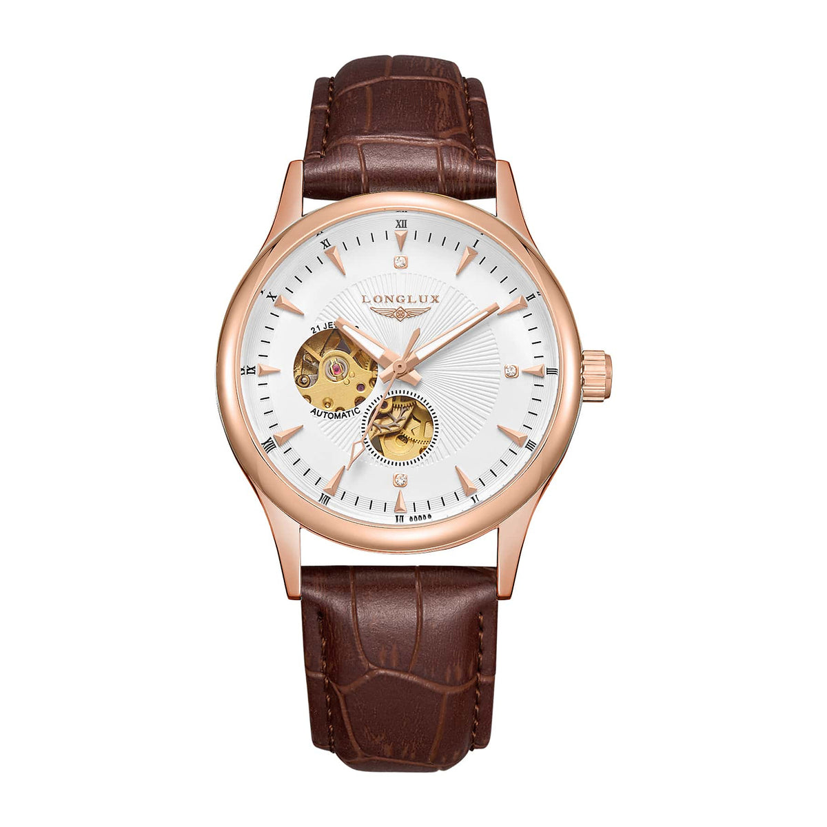 LONGLUX white dial rose gold automatic watch with brown leather strap
