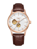LONGLUX white dial rose gold automatic watch with brown leather strap
