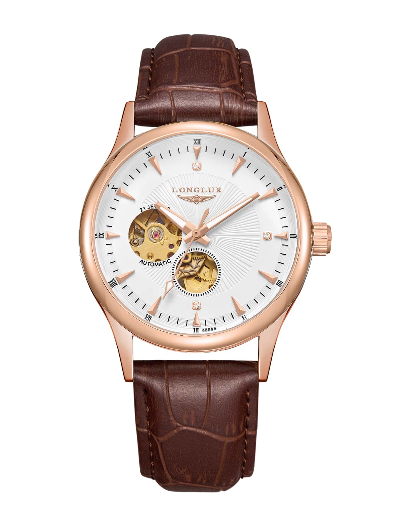 LONGLUX white dial rose gold automatic watch with brown leather strap
