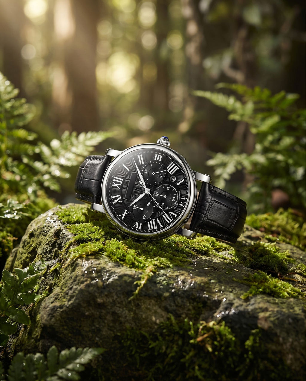 LOUIE JUELEN 587 Roman-dial dress watch on mossy stone in forest light