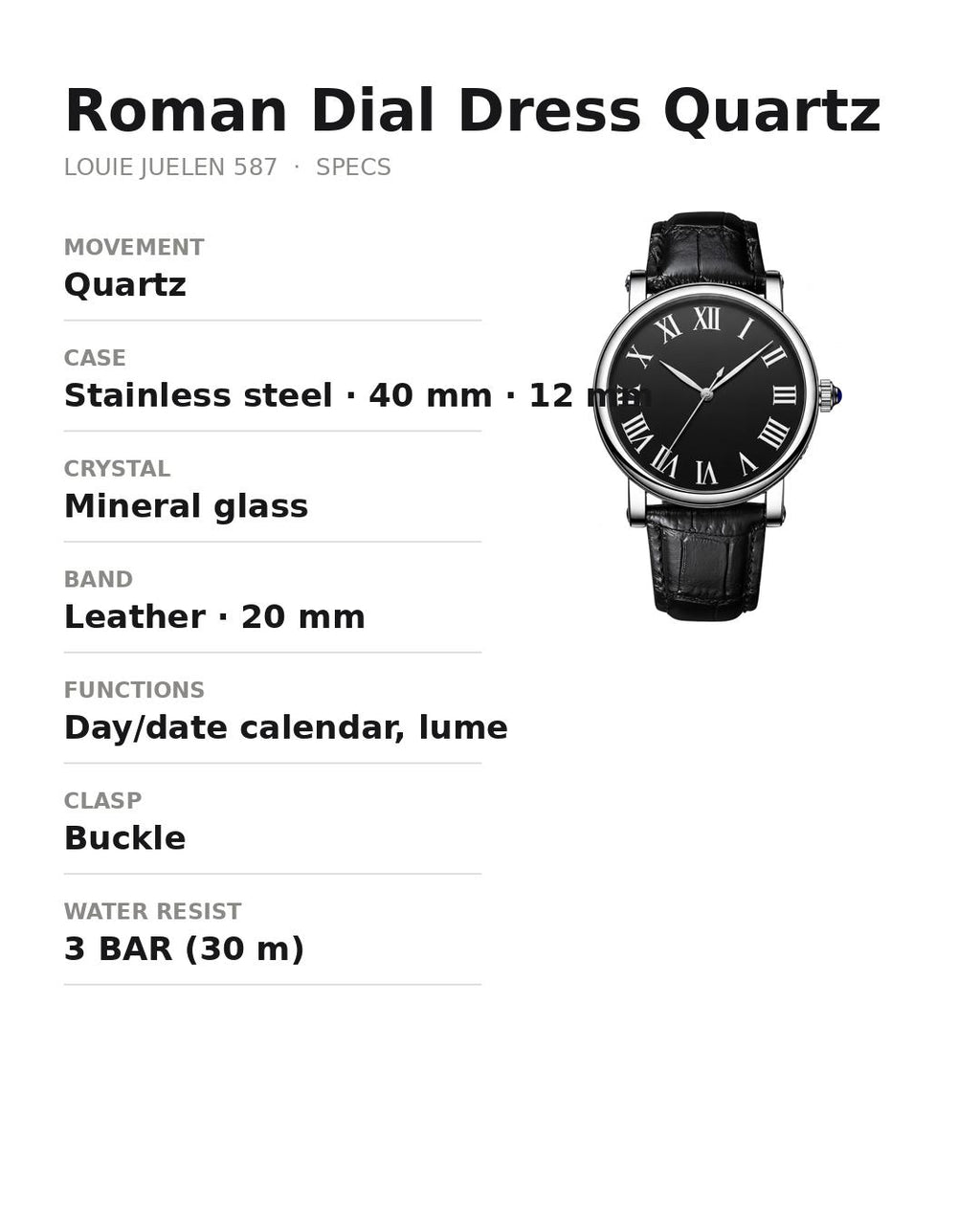 LOUIE JUELEN 587 Roman-dial dress quartz watch specifications