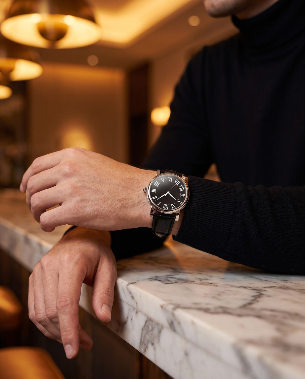 LOUIE JUELEN 587 Roman-dial dress watch on a man's wrist, turtleneck, hotel bar