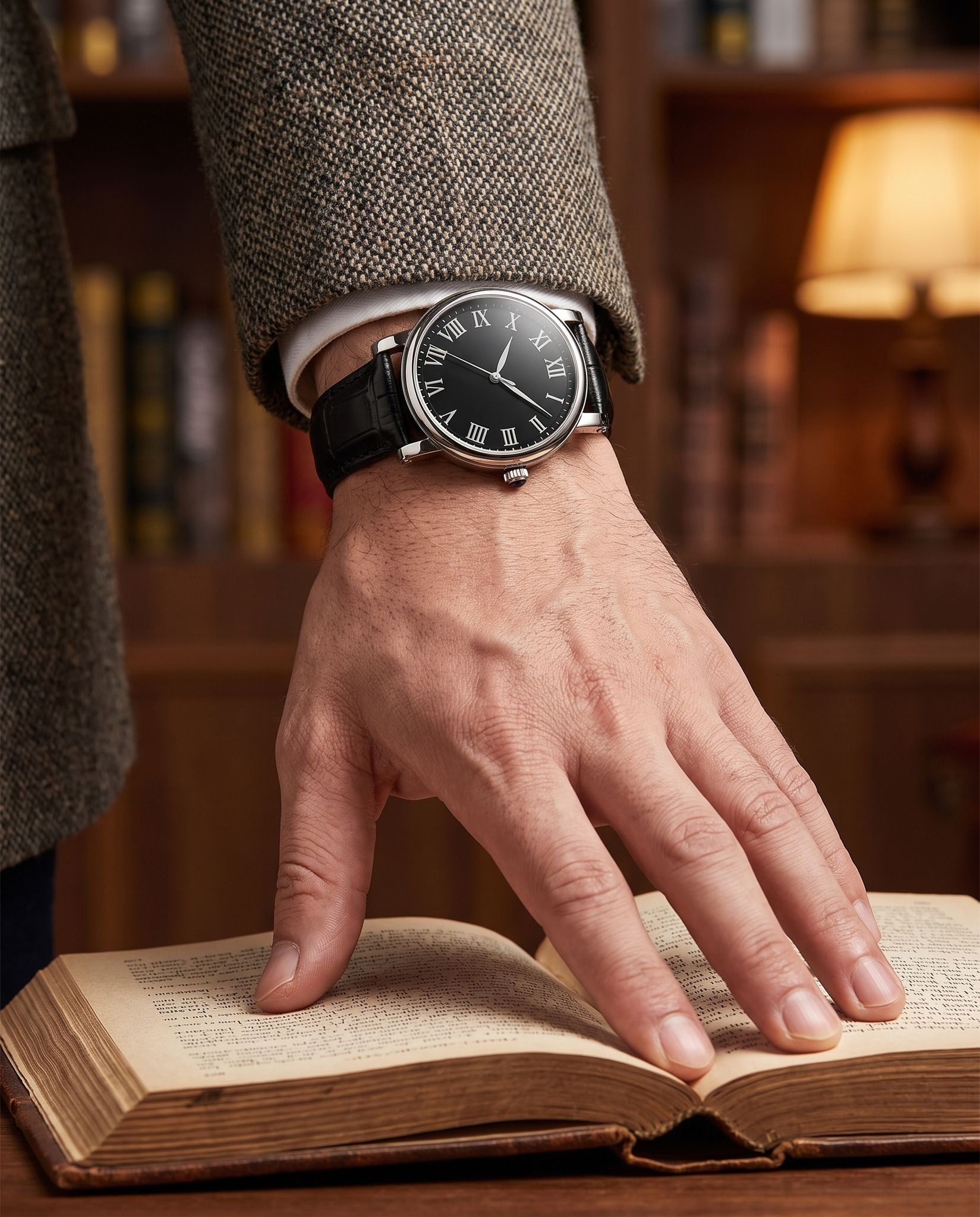 LOUIE JUELEN 587 Roman-dial dress watch on a man's wrist, tweed, library