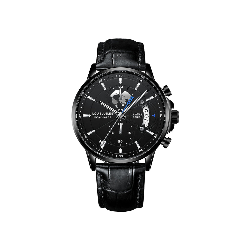LOUIE JUELEN 576 Sport Quartz Day-Date Watch, All Black Leather, white background
