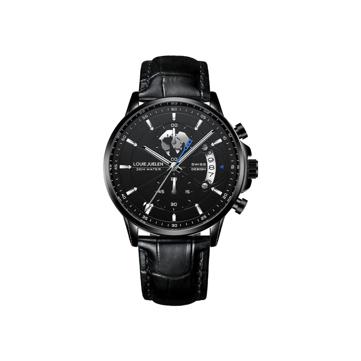 LOUIE JUELEN 576 Sport Quartz Day-Date Watch, All Black Leather, white background